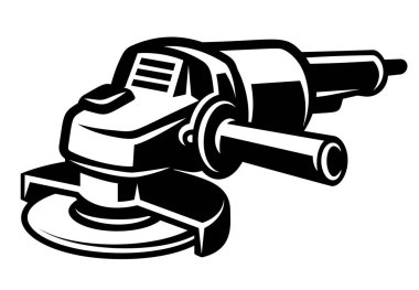 Angle grinder tool black and white illustration with detailed design for construction and renovation projects.