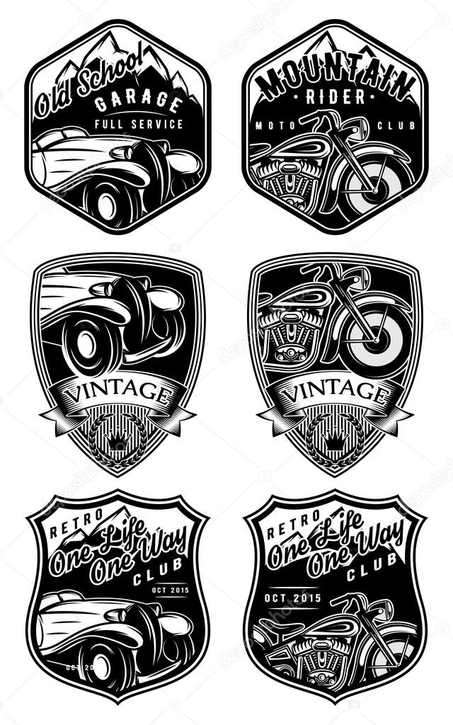 Set of retro badges with car and motorcycle on the background with mountains