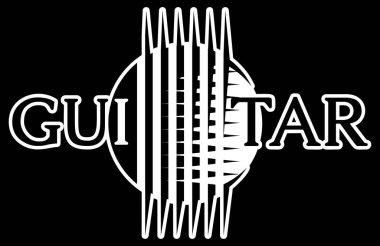 Çembersel bir şekil içinde gitar telleri olarak biçimlendirilmiş orta harflerle GUITAR sözcüğünü tasvir eden soyut siyah ve beyaz çizimler.