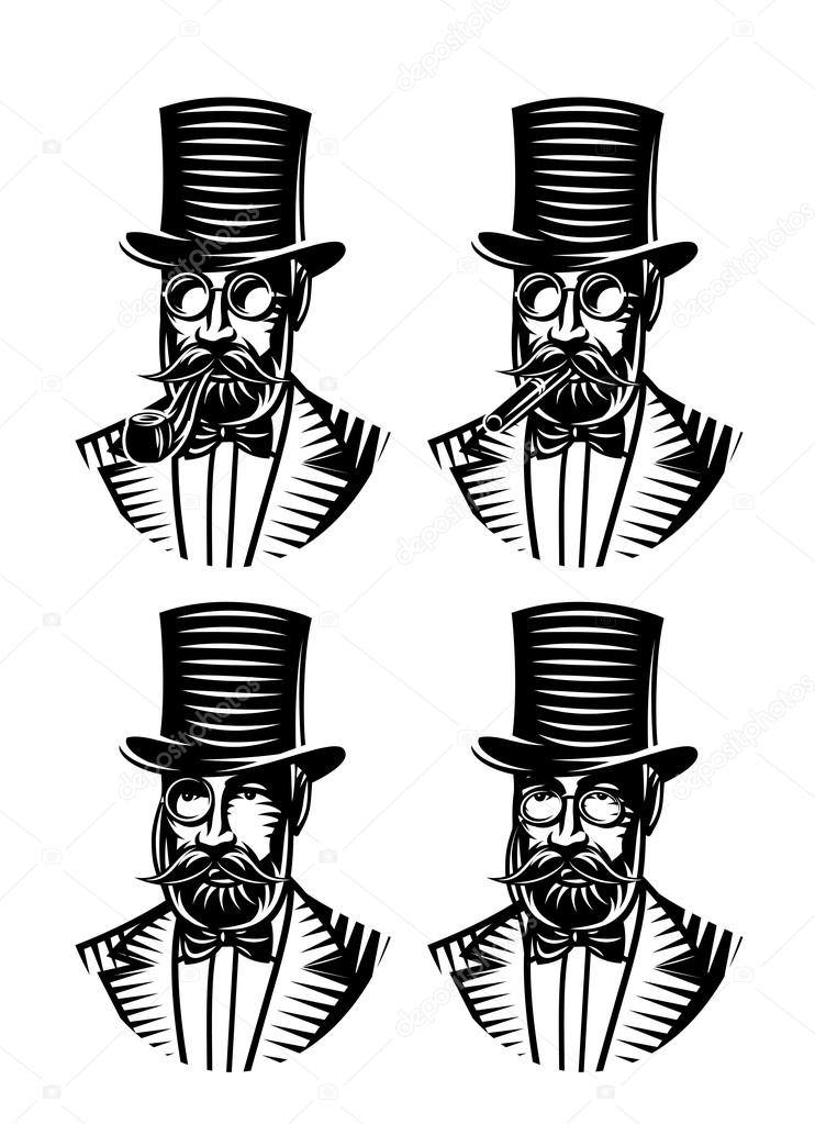 Vector set of monochromatic gentlemen with different accessories