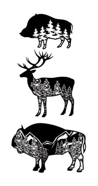 stylized image wild boar, deer, bison with landscape of mountains, forest