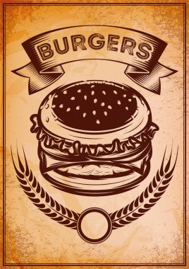Grunge retro poster lokanta için hamburger ile
