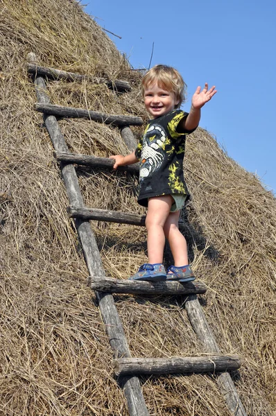 Boy on a haystack in a Russian village — Stock Photo, Image