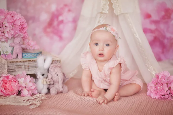 Маленька Дівчинка Рожевій Кімнаті Балдахіном Іграшками Рожевими Квітами Дитяча Фотосесія — стокове фото