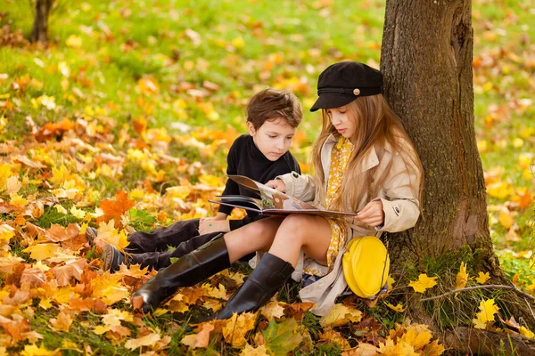 girl and boy sit under a tree and read a book together in autumn sunny park, children sit in leaves, children read a book