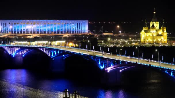 Nijni Novgorod Rusia Septembrie 2021 Nouă Iluminare Podului Kanavinsky Reflecție — Videoclip de stoc