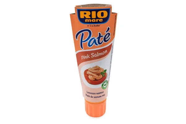 Pula Kroatia December 2020 Tube Rio Mare Márkájú Rózsaszín Lazacpástétom — Stock Fotó