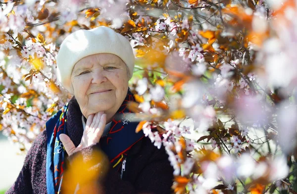 Senior happy woman in garden — Stock Photo, Image