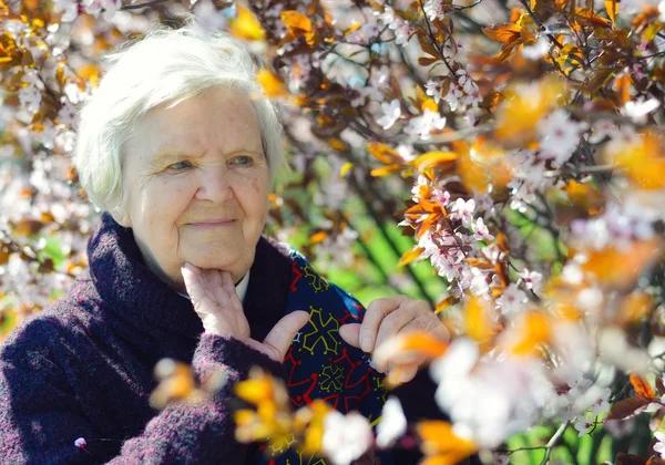 Senior glückliche Frau im Garten lizenzfreie Stockfotos
