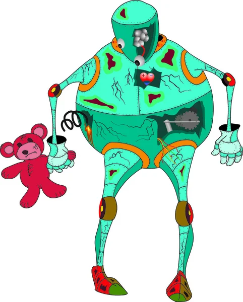 Eski kırık robot oyuncak tutuyor