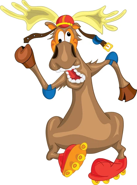 Funny deer in a helmet riding on roller skates — Stock Vector