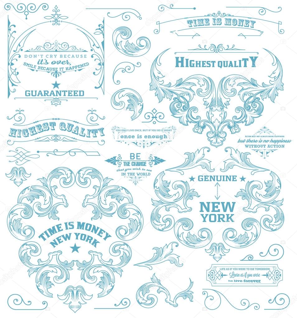 Set of retro elements: baroque frames, retro labels. Chalk style