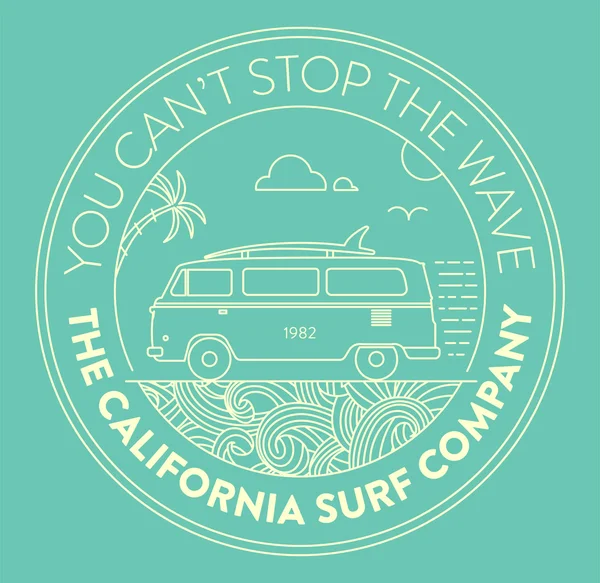 Logo de surf avec van et éléments de surf — Image vectorielle