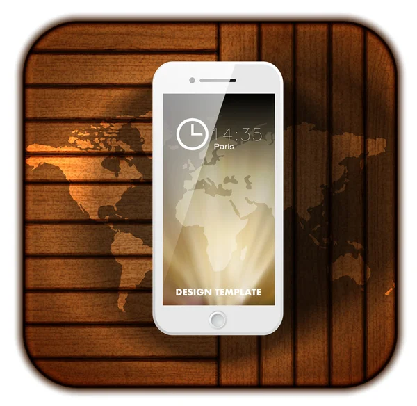 木材の背景と世界地図の白い携帯電話. — ストックベクタ