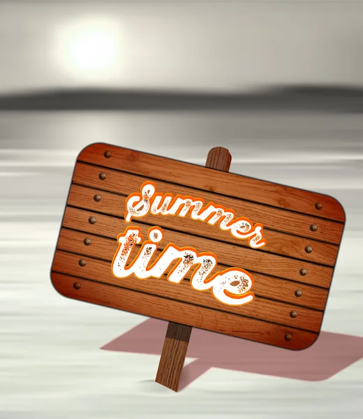 Дерев'яний plaque з літерами "літній час". Захід сонця. Влітку пляж — стоковий вектор