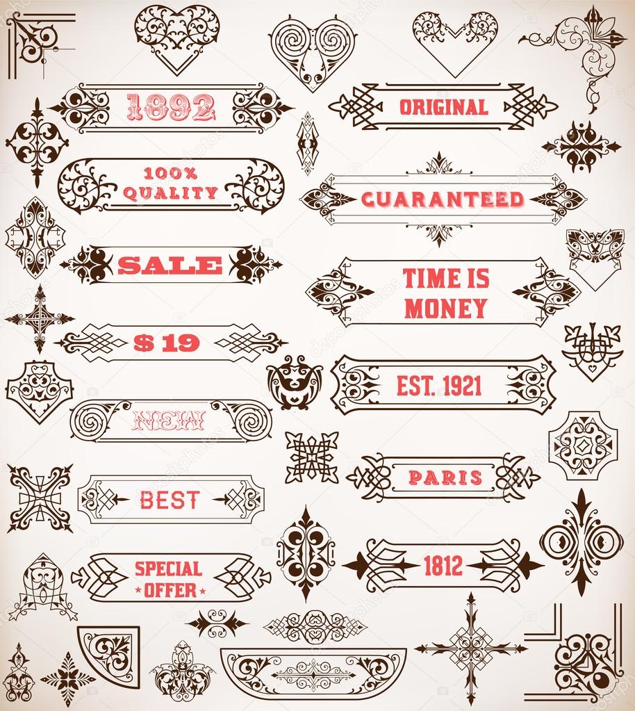 Set of calligraphic design elements: Labels, banners, baroque fr
