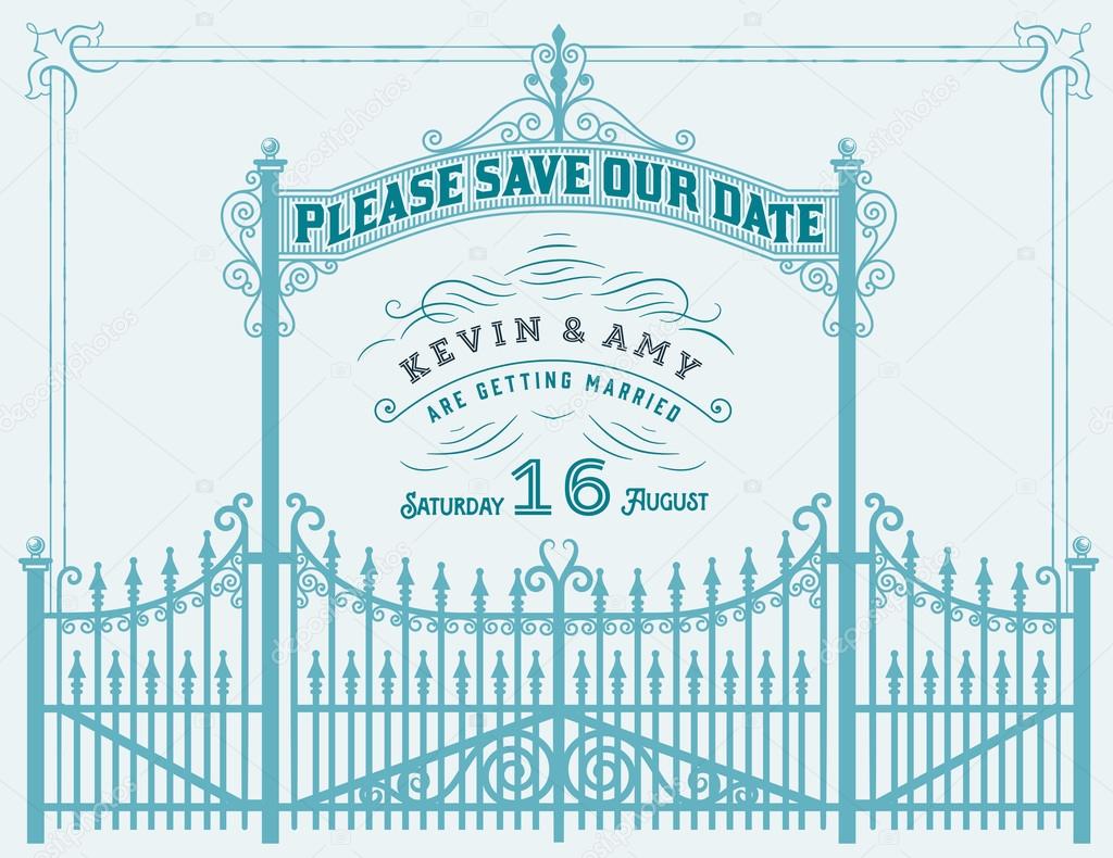 Vector. Wedding invitation vintage card with forged metal elements separated by layers