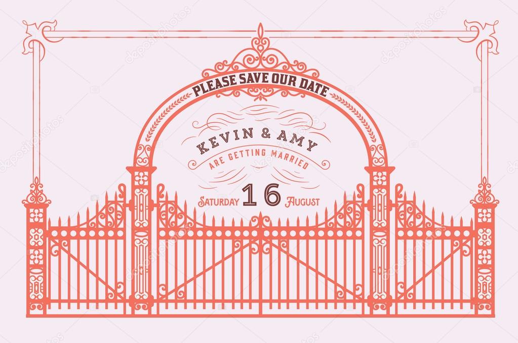 Vector. Wedding invitation vintage card with forged metal elements separated by layers