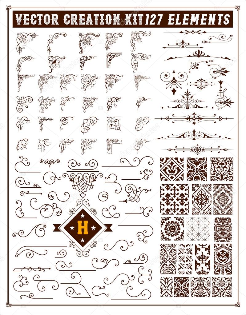 Elements for design. Corners, accents and patterns set