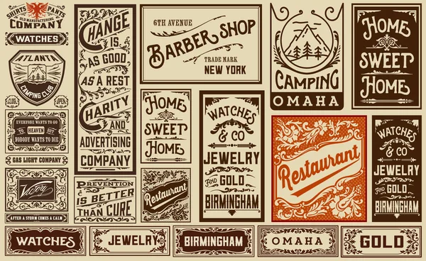 Mega pack vecchi disegni pubblicitari ed etichette - Vintage illustr — Vettoriale Stock