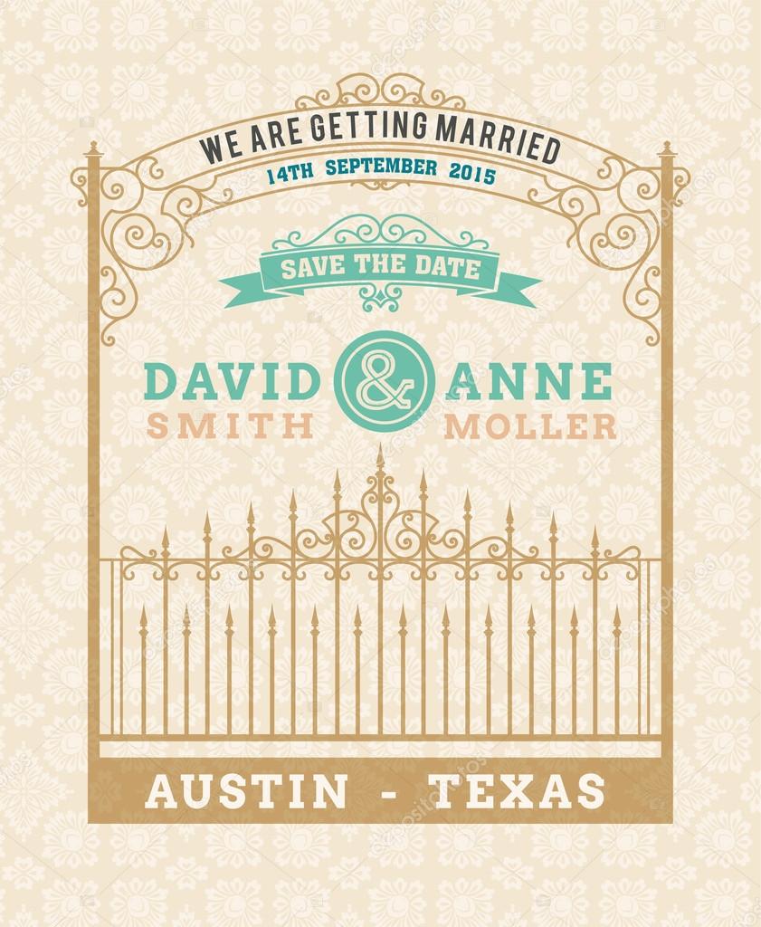 Vector. Wedding invitation vintage card with forged metal elements separated by layers