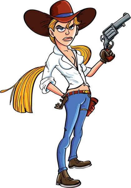 Cowgirl kreskówka z pistoletem i długie włosy — Wektor stockowy