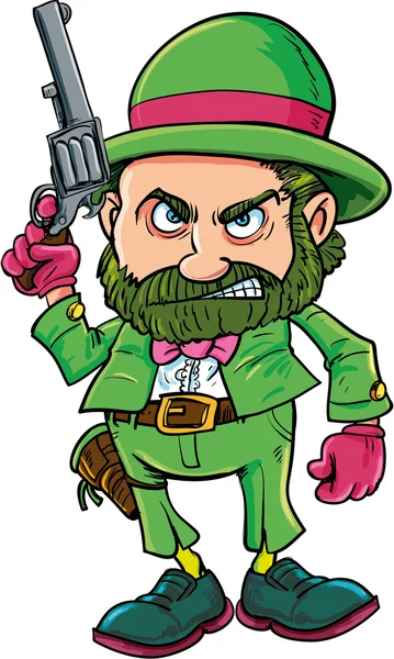 Cartoon Leprechaun cowboy with six gun — Stock Vector