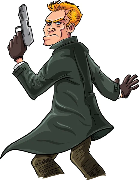 Espía de dibujos animados con un arma mirando por encima de su hombro — Vector de stock