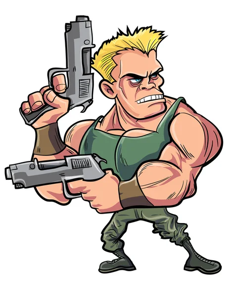 Cartoon muscled soldier with two pistols — Stock Vector