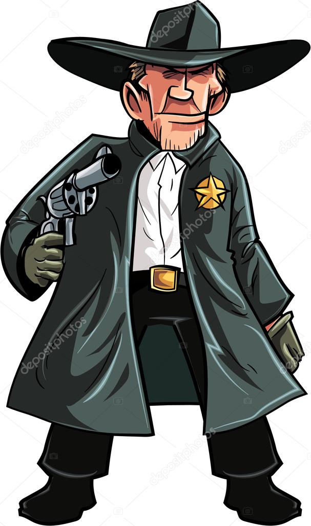Cartoon cowboy sheriff pulling a gun