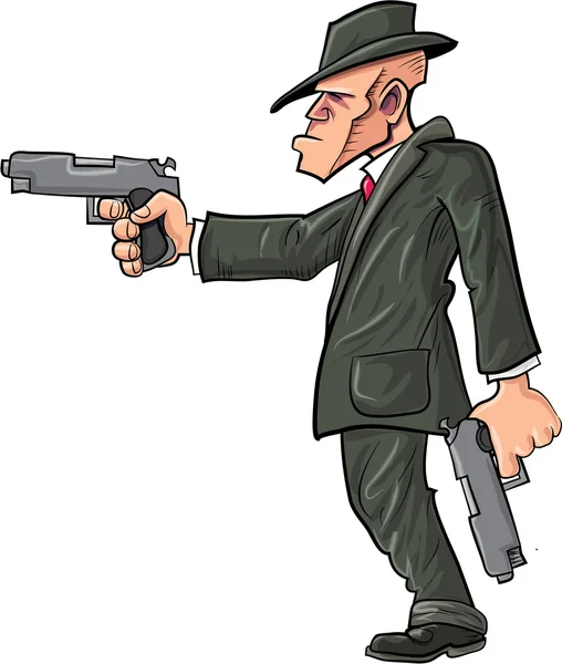 Caricatura gangster sicario apuntando su arma — Vector de stock