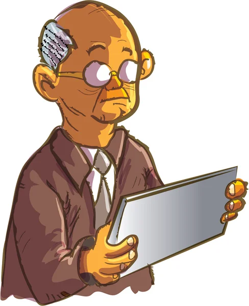 Hombre viejo de dibujos animados usando un ipad — Vector de stock