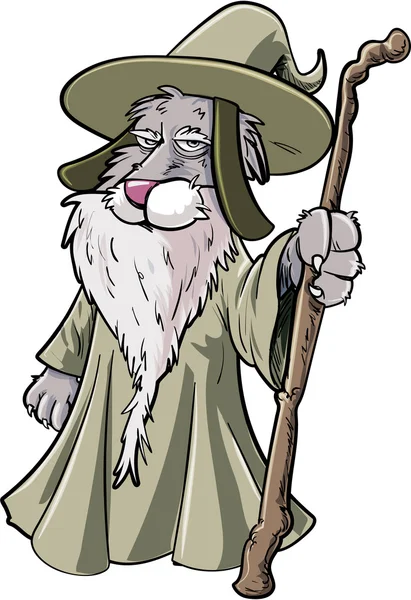 Cartoon kat wizard met personeel — Stockvector