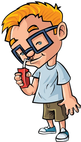Cute cartoon boy with glasses drinking juice — Stock Vector