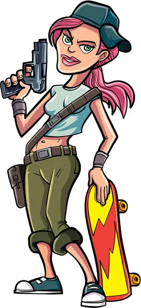 Cartoon skater girl håller en pistol — Stock vektor