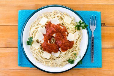 Top down view on plate of spaghetti