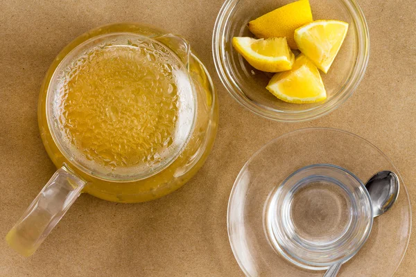 Top down view of tea, lemon and cup — Stock Photo, Image