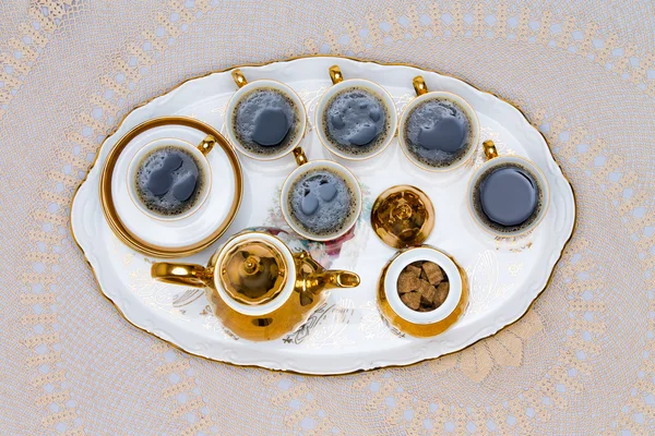 Six Cups of Turkish Coffee Served on White Table — Stock Photo, Image