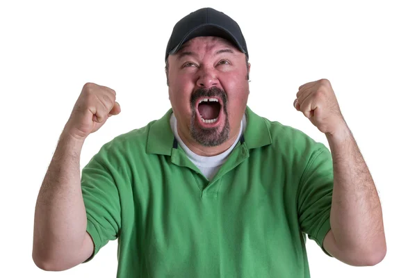 Yeşil tişörtlü kutluyor giyen heyecanlı adam — Stok fotoğraf