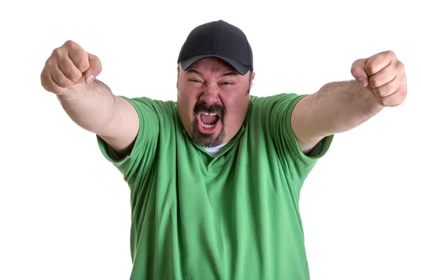 Šťastný křičící muž zvyšování paže po vítězství týmu — Stock fotografie