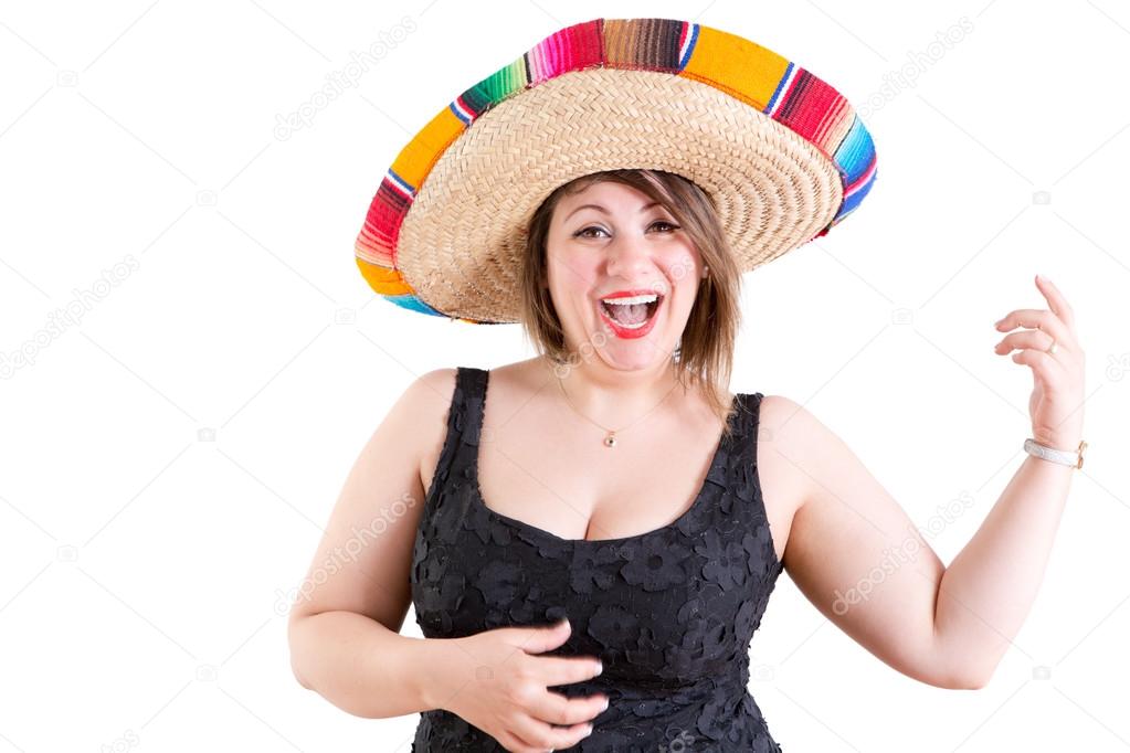 Happy Dancing Lady in Black Shirt with Mexican Hat