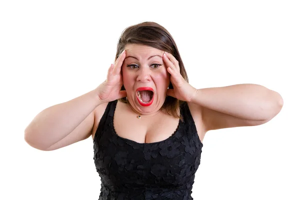 Mujer aterrorizada sosteniendo su cabeza con ambas manos —  Fotos de Stock