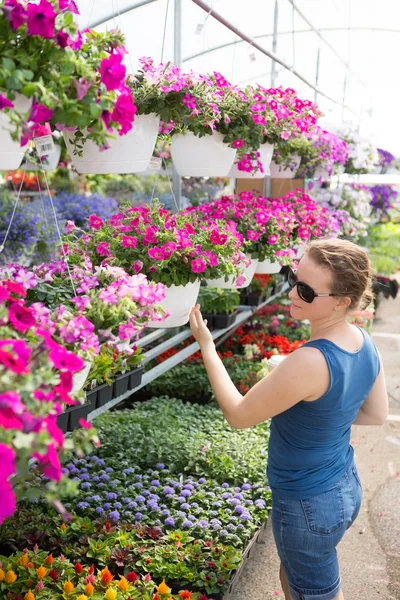 Trendy woman selecting nursery plants — Stock Photo, Image