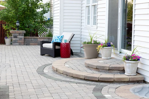 Stone Patio of Luxury Home with Steps to Back Door — Stock Photo, Image