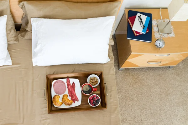 Breakfast in Bed Tray on Bed Beside Night Stand — 스톡 사진