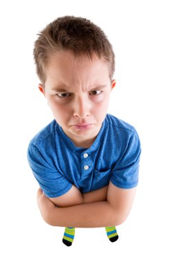 Mean Young Boy Looking at High Angled Camera clipart