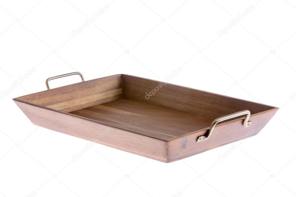 Rectangular wooden tray with brass handles