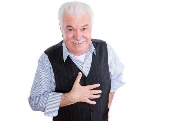 Respectful senior man with hand on chest — Stock Photo, Image