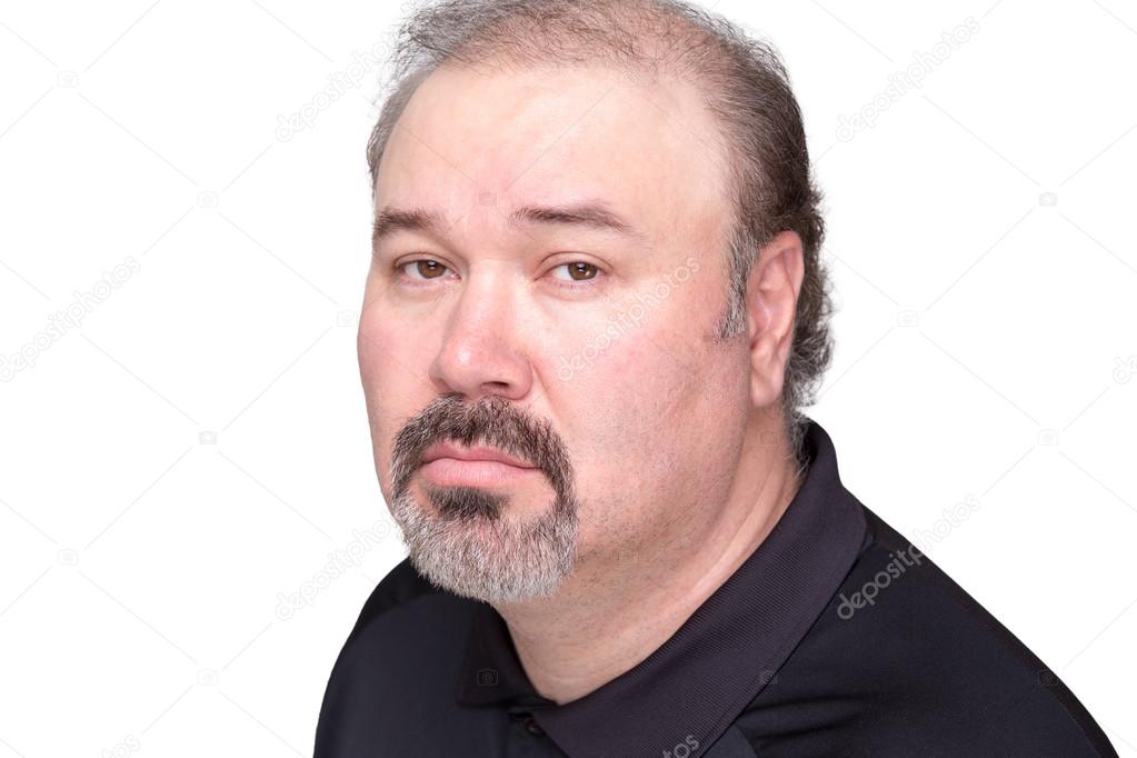 Downcast middle aged male over white background