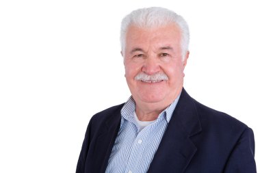 Bıyık ve beyaz saç gülümseyen yakışıklı adam